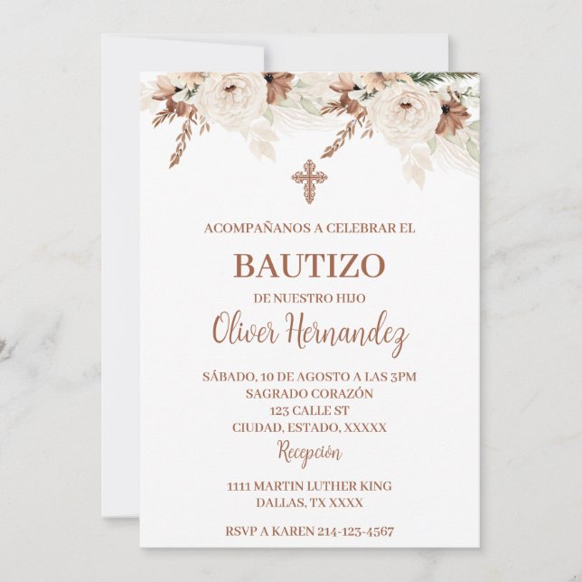 Boho Baptism Spansk inbjudan (Framsida)