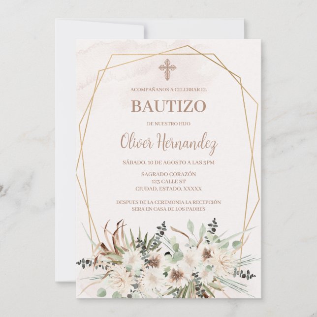 Boho Baptism Spansk inbjudan (Framsida)