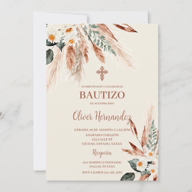 Boho Baptism Spansk inbjudan (Framsida)