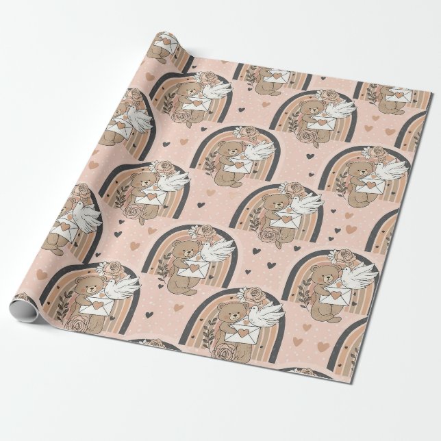 Boho Barn Teddybjörnar med Regnbågar -Earthy (1) Presentpapper (Utrullad)