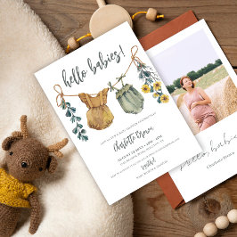 Boho Barnkläders Flowers Photo Twillingars Baby Sh Inbjudningar
