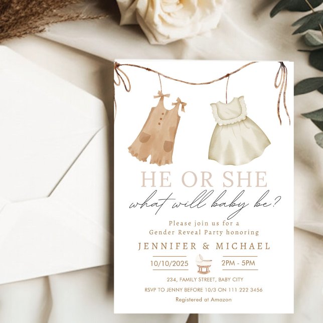 Boho Barnkläders Gender Reveal Inbjudningar (Boho Baby Clothes Gender Reveal Invitation)