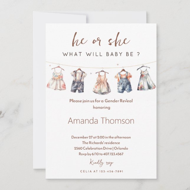 Boho Barnkläders Gender Reveal Inbjudningar (Framsida)