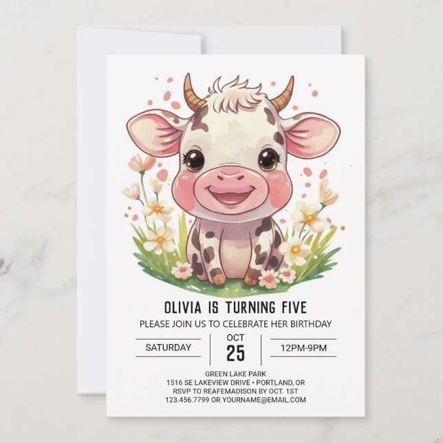 Boho Barnyard Rosa Cow Birthday Inbjudningar (Framsida)