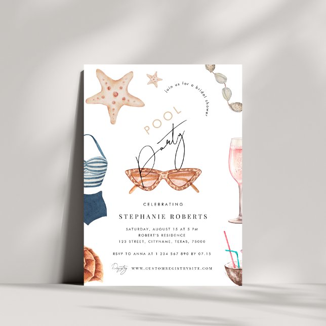 Boho Bassäng Party Chic Script, sommarskript Möhip Inbjudningar (Skapare uppladdad)
