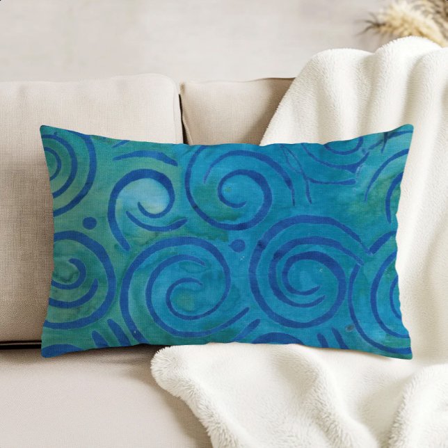 Boho Batik Blå Gröna Spiralmönster Prydnadskudde (Skapare uppladdad)