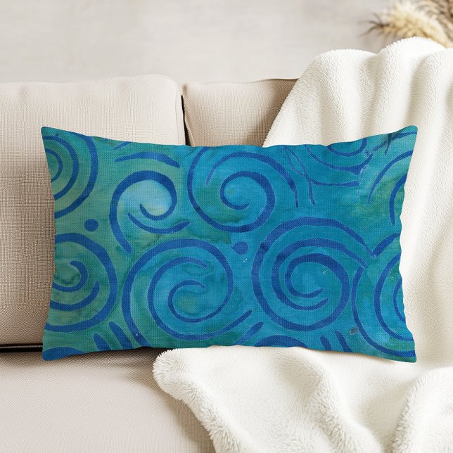 Boho Batik Blue Green Spirals Pattern Prydnadskudde (Skapare uppladdad)
