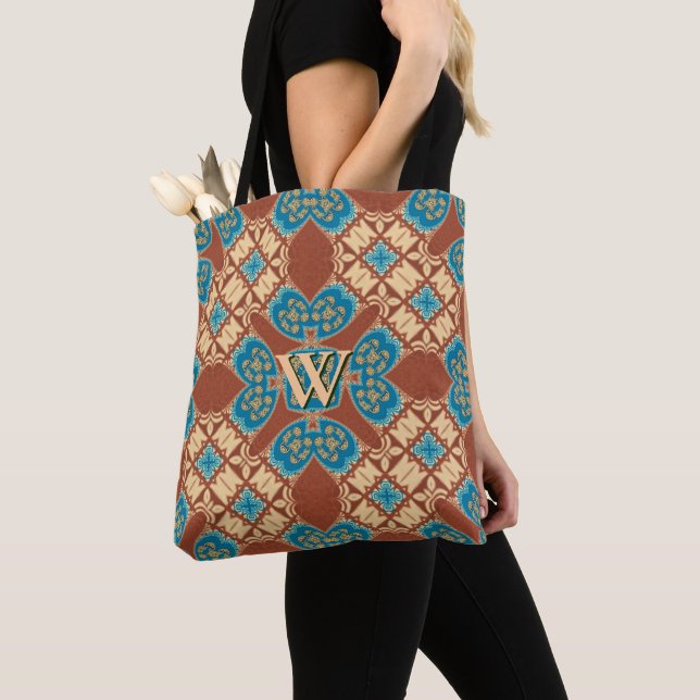 Boho Batik Coola Earth Blue Brown Mönster Monogram Tygkasse (Närbild)