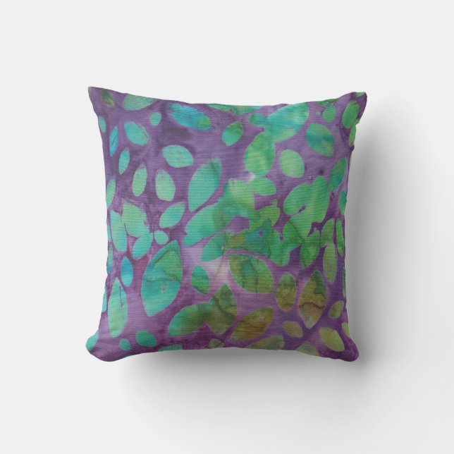 Boho Batik Grön Lila Bladformer Abstrakt Kudde (Framsida)