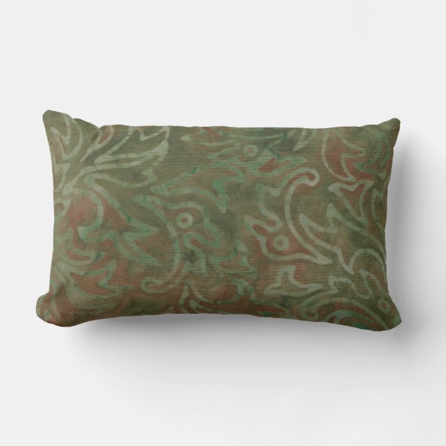 Boho Batik Grönt Rust Foliage Mönster Lumbarkudde (Framsida)