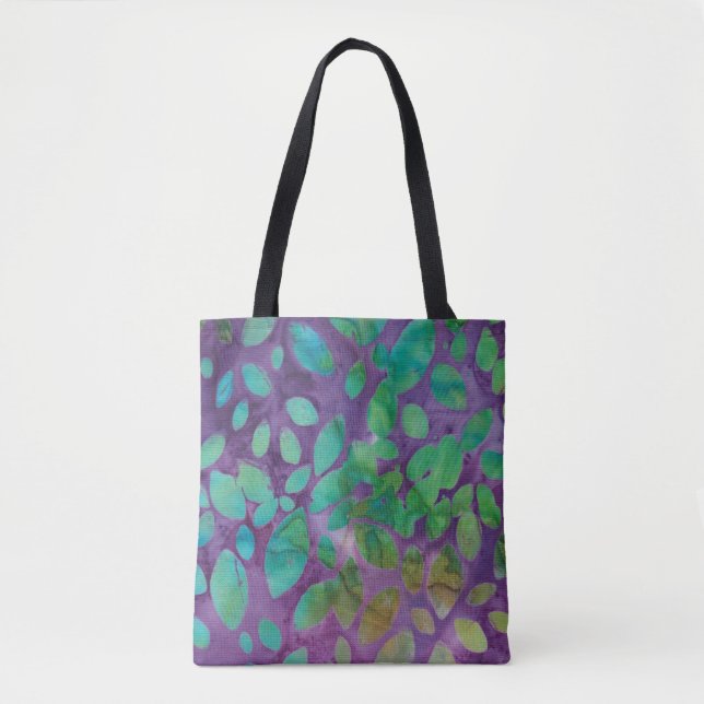 Boho Batik Lila Grön Abstrakt Bladmönster Tygkasse (Framsida)