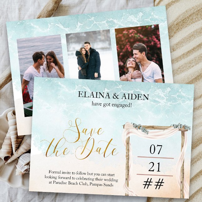 Boho Beach Arbor Bröllop 3 Photo Spara Datumet (3 Photo Ocean Beach Themed Save the Date with gold calligraphy - Boho Beach Collection)