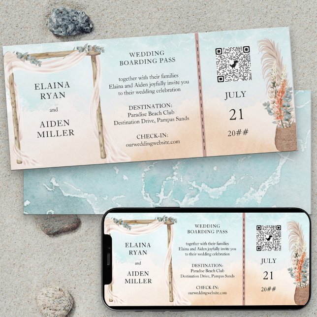 Boho Beach Arbour Destinationsbröllop Boardingpass Inbjudningar (Skapare uppladdad)