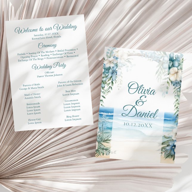 Boho Beach Blå Blommig Båge Bröllopsprogram Program (Boho Beach Blue Floral Arch Wedding Program on a sunny neutral dry palm leaf.)