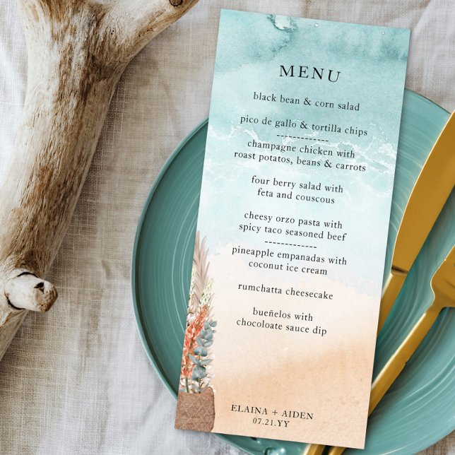 Boho Beach Destination Wedding Ocean Shoreline Meny (Boho beach wedding menu with editable food items)