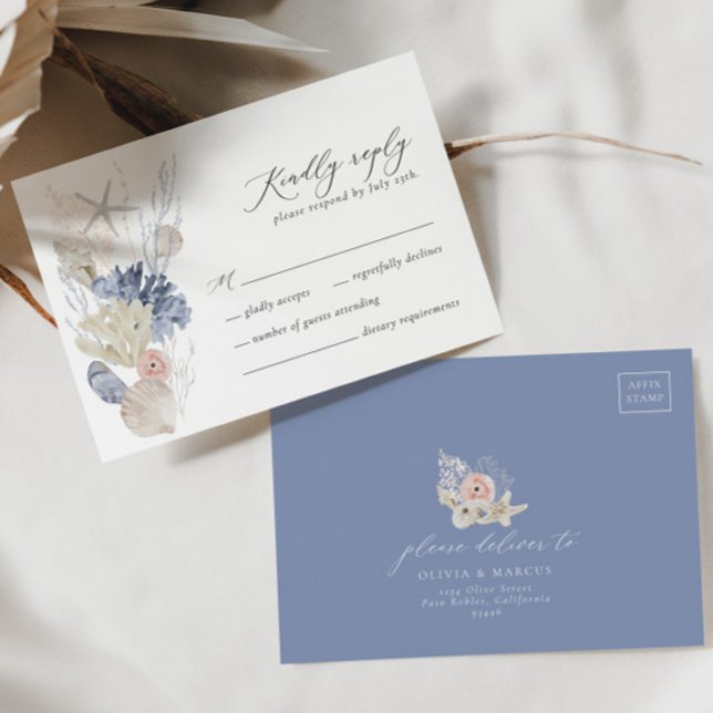 Boho Beach Elegant Romantic Blue Bröllop OSA Card Kort (RSVP Card Front/Back)