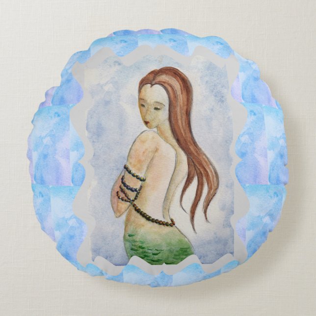 Boho Beach Mystisk Sjöjungfru Akvarell Rund Kudde (Framsidan)