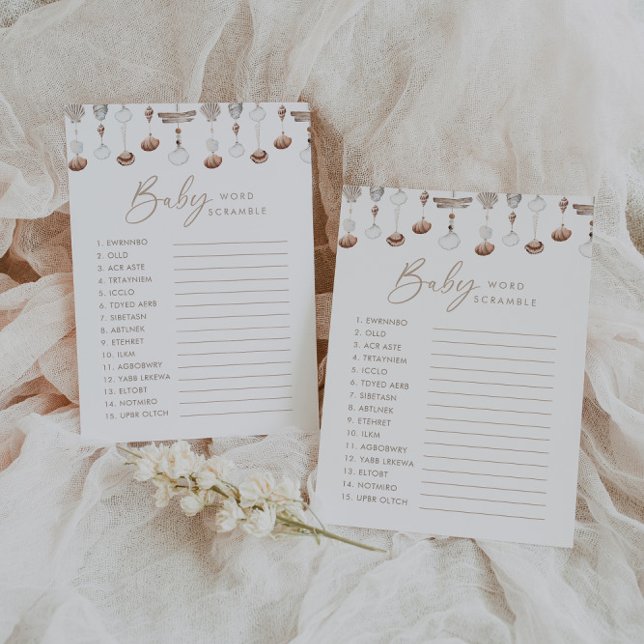 Boho Beach Ord Scramble Baby Shower-spel Inbjudningar (Zazzle Boho Beach Shell Wishes for Baby Card)