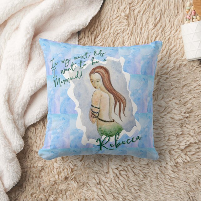 Boho Beach Siren Blå Ocean Akvarell Anpassad  Kudde (Filt)