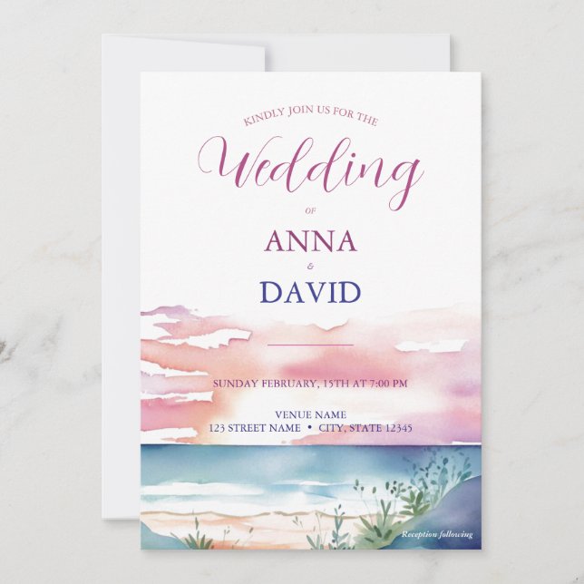 Boho Beach Sunrise Watercolor Destination Wedding Inbjudningar (Framsida)