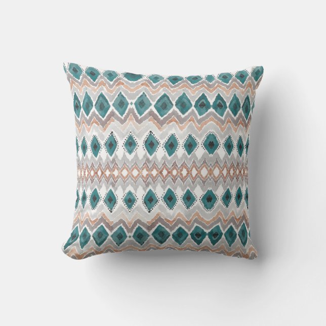 Boho Beach Teal Peach Grått Chevron Diamond Mönste Kudde (Framsida)