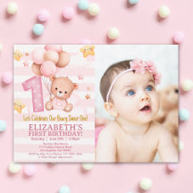 Boho Bear 1st Birthday Girl with Photo 