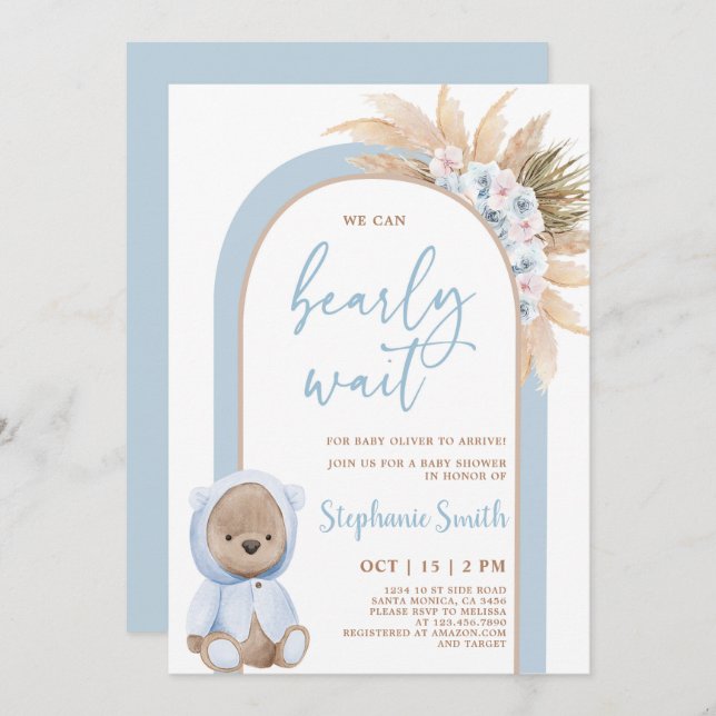 Boho Bear Baby Shower Boy-inbjudan Inbjudningar (Fram/baksida)