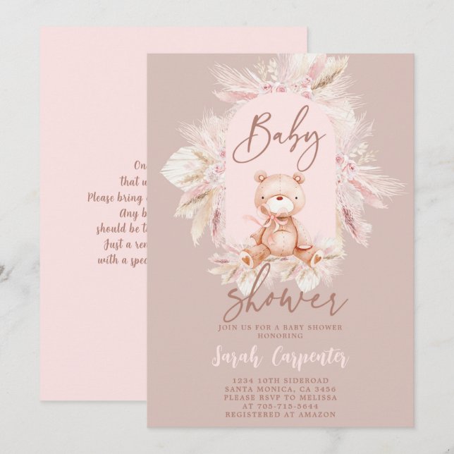Boho Bear Baby Shower Girl-inbjudan Inbjudningar (Fram/baksida)