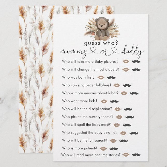 Boho Bear Baby Shower "Gissa Vem" Game (Fram/baksida)
