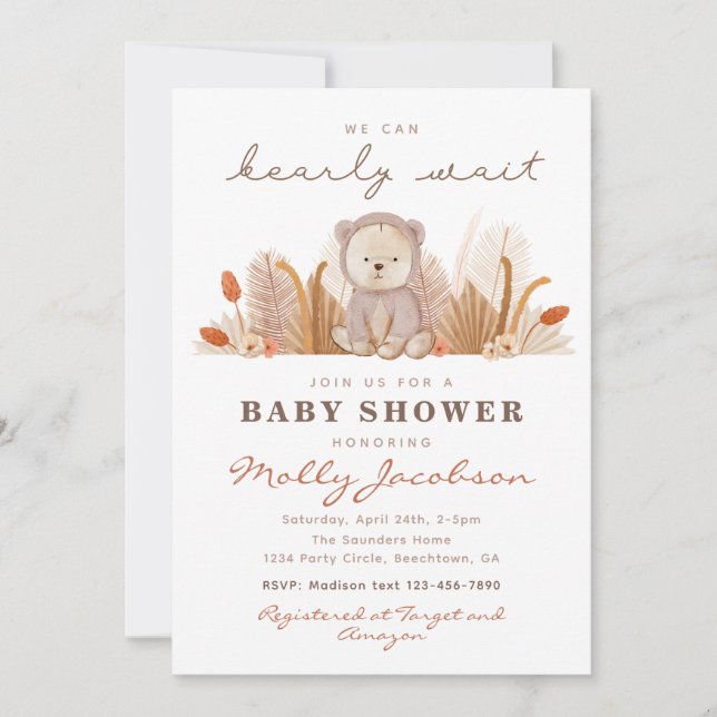 Boho Bear Baby Shower-inbjudan | Björnstövel Inbjudningar (Framsida)