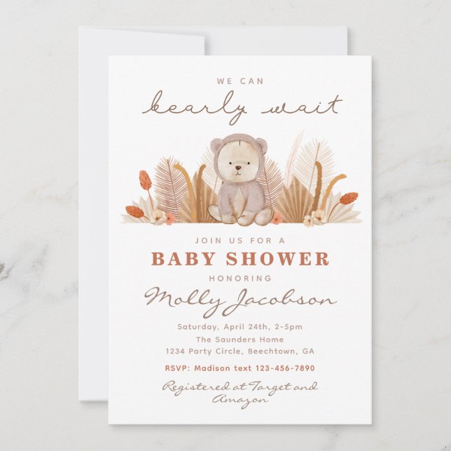 Boho Bear Baby Shower-inbjudan | Björnstövel Inbjudningar (Framsida)