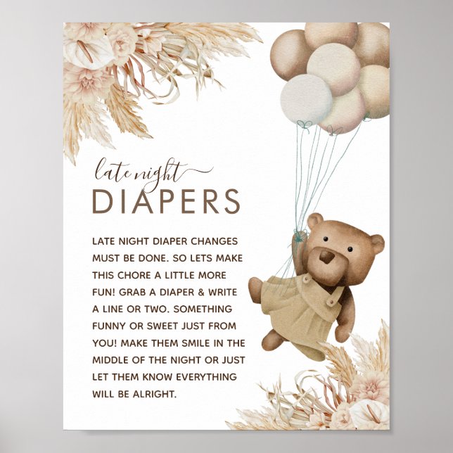 Boho Bear Baby Shower 'Late Natt Diaper' Daper? Poster (Framsidan)
