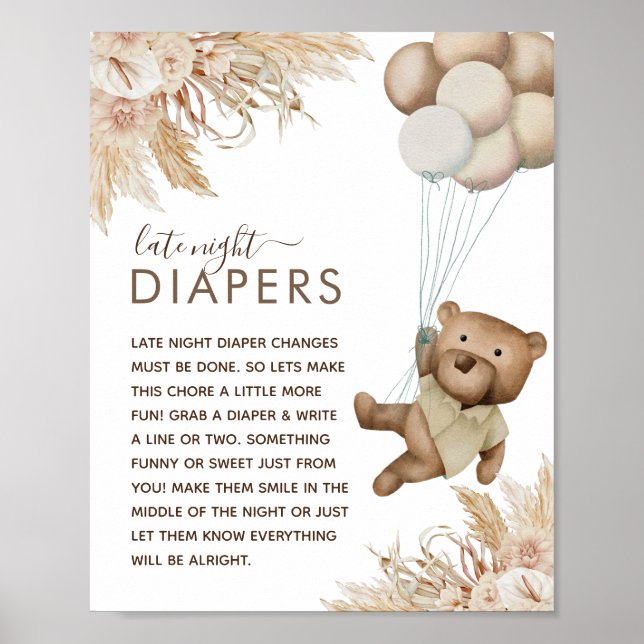 Boho Bear Baby Shower 'Late Natt Diaper' Poster (Framsidan)