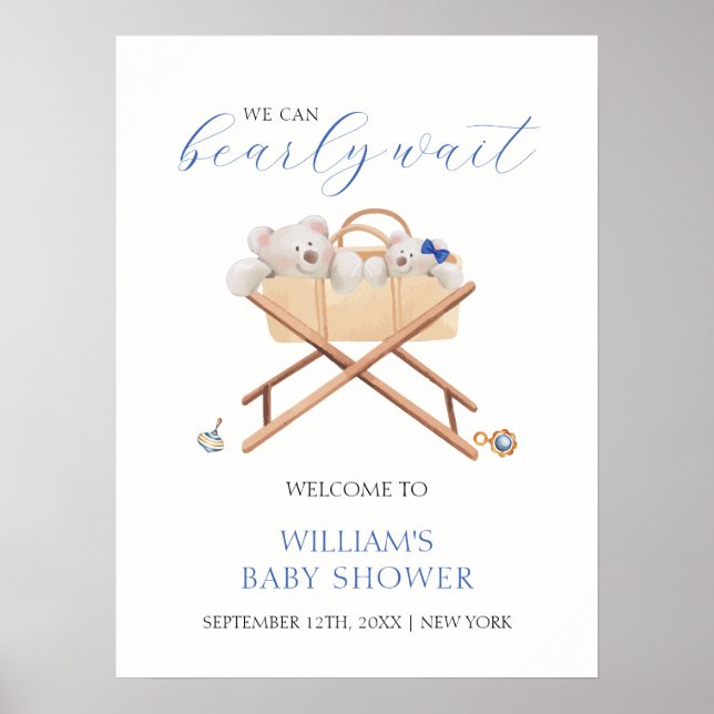 Boho Bear Bassinet Leksak Boy Baby Shower Välkomme Poster (Framsidan)
