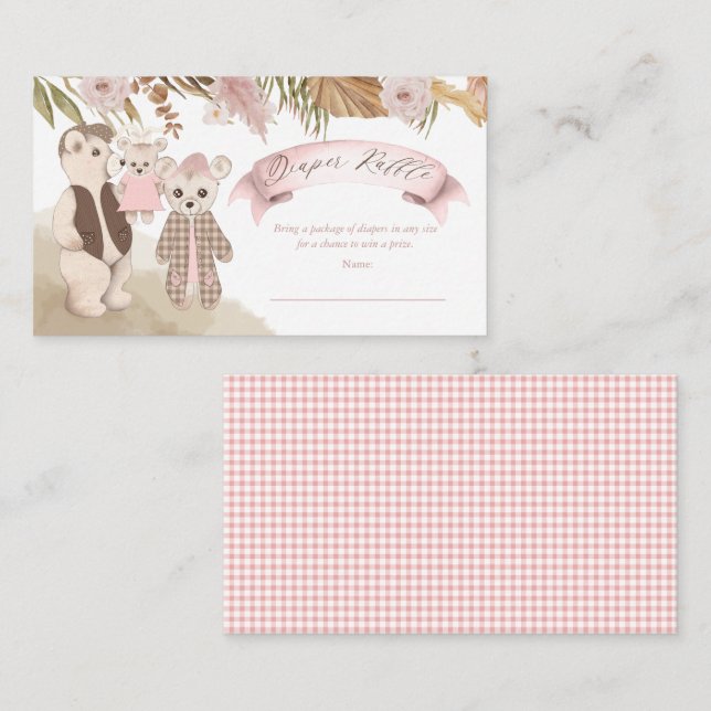 Boho Bear Family Girl Baby Shower Raffle Tilläggskort (Fram/baksida)