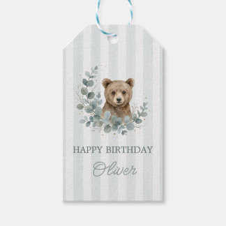 Boho Bear Födelsedag Sage Grön Eucalyptus Guld Presentetikett