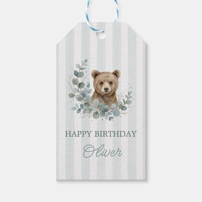 Boho Bear Födelsedag Sage Grön Eucalyptus Guld Presentetikett (Framsidan)
