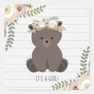 Boho Bear Grått Wood Baby Shower Fyrkantigt Klistermärke