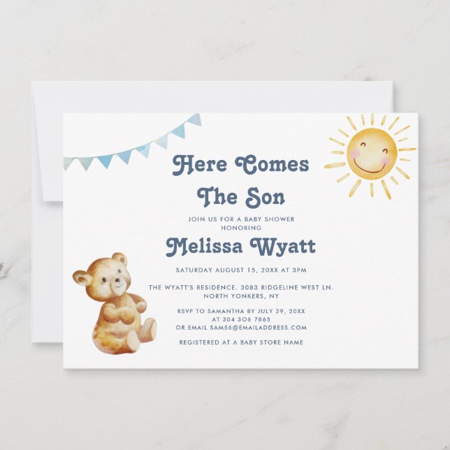 Boho Bear här kommer hit, pojken Baby Shower Inbjudningar (Framsida)