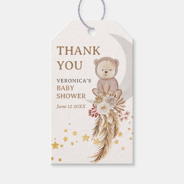 Boho Bear Måne Baby Shower Tack Presentetikett (Framsidan)