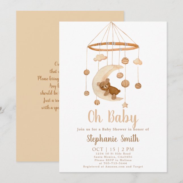 Boho Bear Mobile Baby Shower-inbjudan Inbjudningar (Fram/baksida)