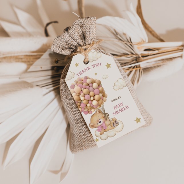 Boho Bear Rosa Ballong Baby Shower Tackkort Presentetikett (Skapare uppladdad)