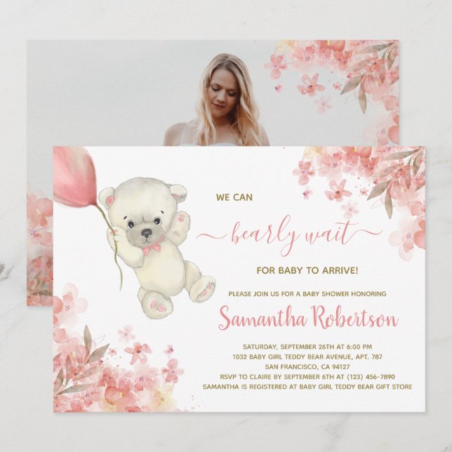 Boho Bear Rosa Blommigt Pampa Grass Girl Shower Inbjudningar (Fram/baksida)