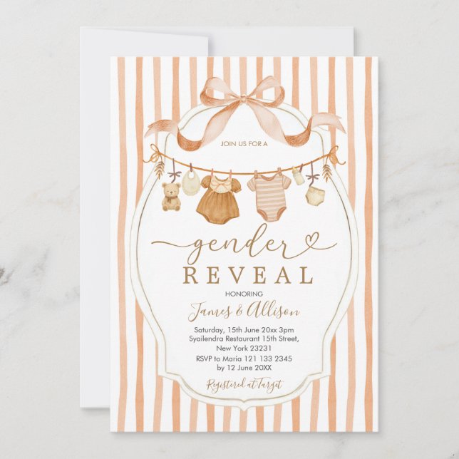 Boho Bear Rustic Baby Clothesline Gender Reveal Inbjudningar (Framsida)
