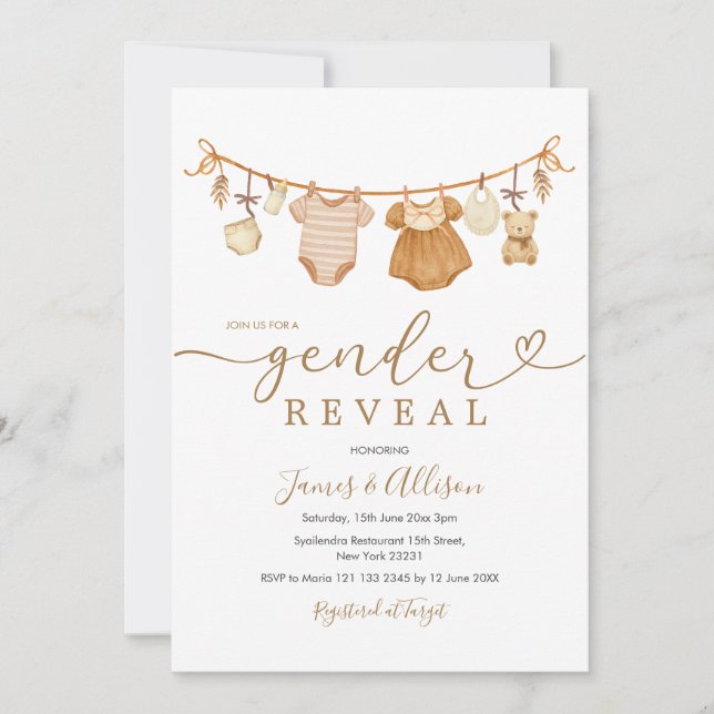 Boho Bear Rustic Baby Clothesline Gender Reveal Inbjudningar (Framsida)