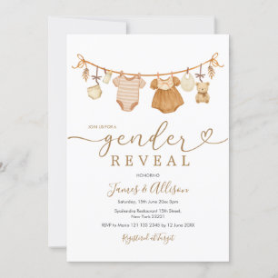 Boho Bear Rustic Baby Clothesline Gender Reveal Inbjudningar