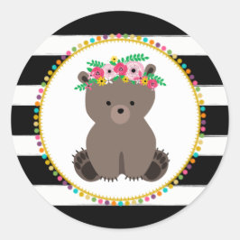 Boho Bear Stripe Pompom Inspired Baby Shower Runt Klistermärke