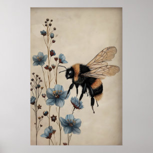 Boho Bee i Blå Blommönster, Cottagecore Vägg Poster