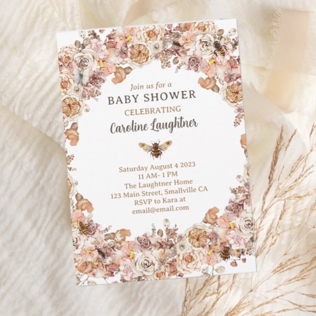 Boho Bee Watercolor WildblomBaby Shower Inbjudningar (Skapare uppladdad)