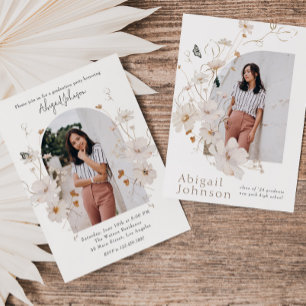 Boho Beige Akvarell Blommig Examenfest Inbjudningar